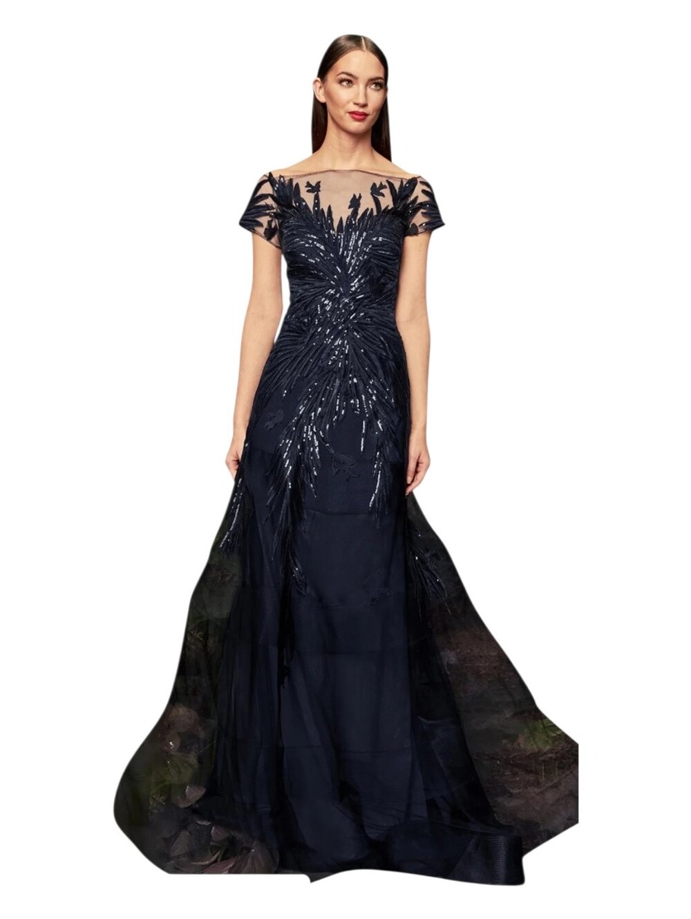Alexander by Daymor - 961 Cap Sleeve Sequin-Ornate Embroidered Navy Gown Size 10